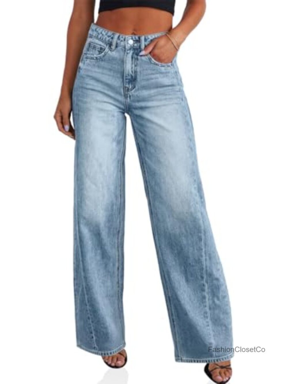 High Waisted Baggy Wide Leg Jeans Stretchy Denim Pants with Pockets